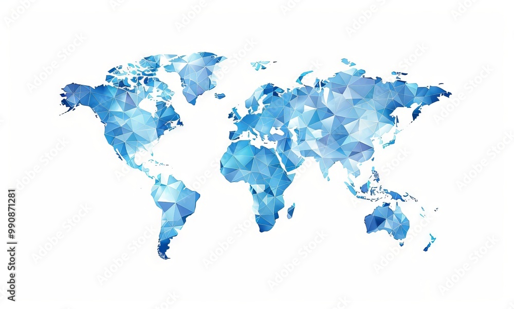 Vector illustration of a world map made from blue triangles on a white background, using simple shapes in a low poly style, in the clip art vector graphics and flat design aesthetic, at a high resolut Vector illustration of a world map made from blue triangles on a white background, using simple shapes in a low poly style, in the clip art vector graphics and flat design aesthetic, at a high resolut
