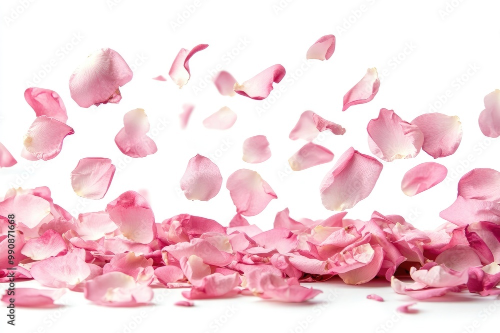 Pink rose petals scattered on a white background creating a romantic atmosphere Pink rose petals scattered on a white background creating a romantic atmosphere