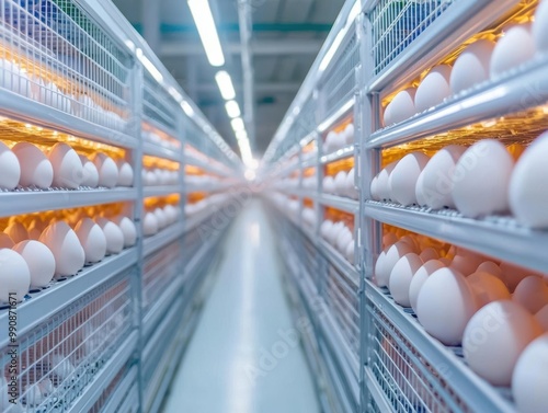 Drone aerial view of a massive poultry farm with automated egg incubators, showing scale and modern efficiency Poultry, Incubation, Aerial View