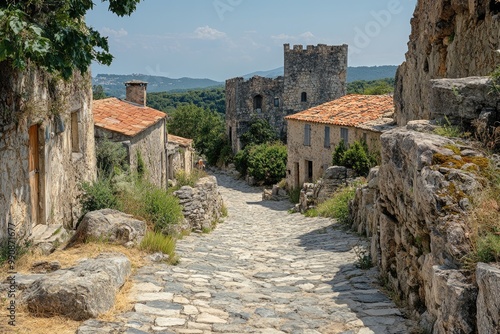 Cobblestone street leading toward ancient stone houses and a medieval tower in france