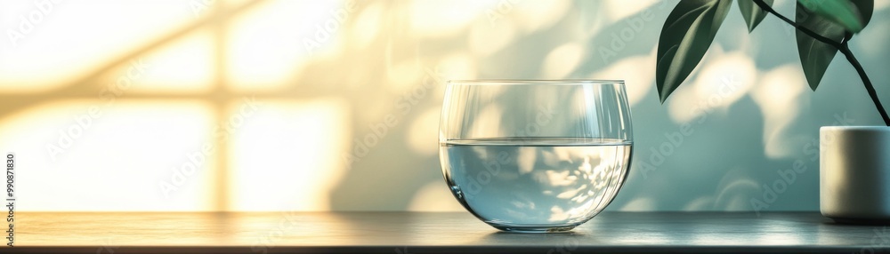 Glass bowl filled with water and plant nearby Glass bowl filled with water and plant nearby