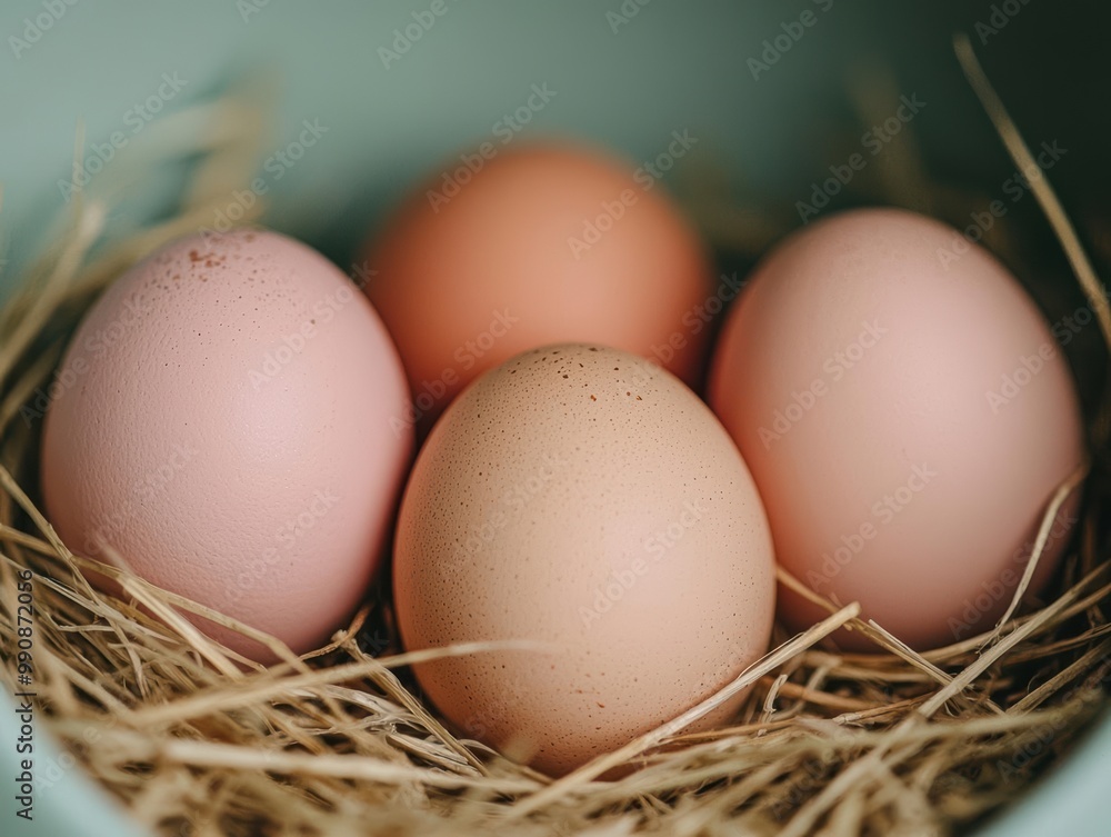 A set of pastel-colored chicken eggs nestled in straw inside a vintage incubator, evoking nostalgia and artisanal farming Chicken Eggs, Incubation, Artisanal Farming A set of pastel-colored chicken eggs nestled in straw inside a vintage incubator, evoking nostalgia and artisanal farming Chicken Eggs, Incubation, Artisanal Farming