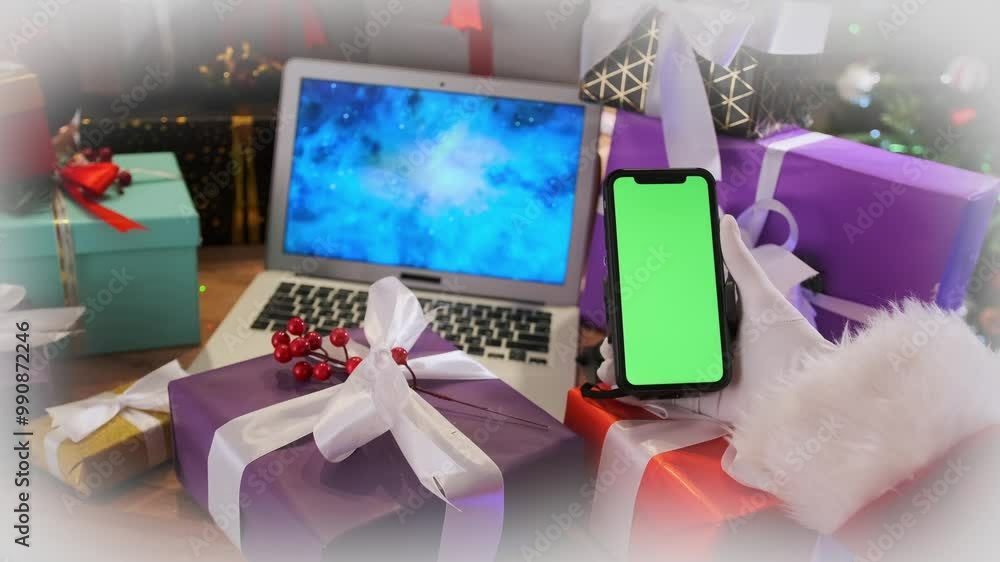 Santa Claus with a phone with a blank green screen, against the background of gift boxes, Christmas tree and a laptop close-up. Santa Claus with a phone with a blank green screen, against the background of gift boxes, Christmas tree and a laptop close-up.