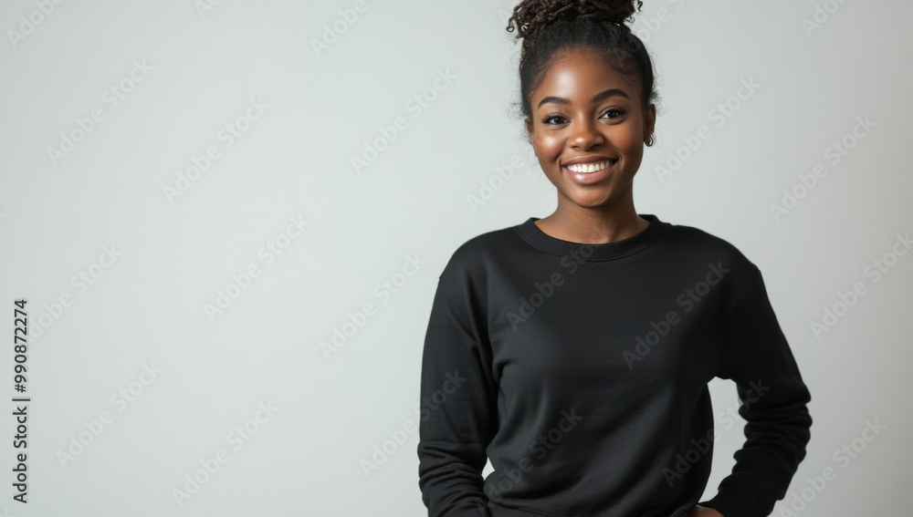 attractive african american woman model wearing black sweatshirt mockup against light wall attractive african american woman model wearing black sweatshirt mockup against light wall