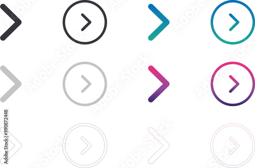Arrows UI isolated icons set. Set of line vector icon. Arrows, State, Disabled, enabled, hover, gradient, CTA in gradient circle.