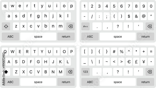 Smartphone keyboard. Light alphabet buttons. Keypad symbol modern simple vector icon. Numeric, uppercase lowercase symbols keys. Phone mockup