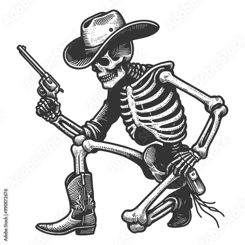 skeleton cowboy, with revolver, hat and boots, blending Western themes with a spooky, macabre twist sketch engraving generative ai vector illustration. Scratch board imitation. Black and white image.