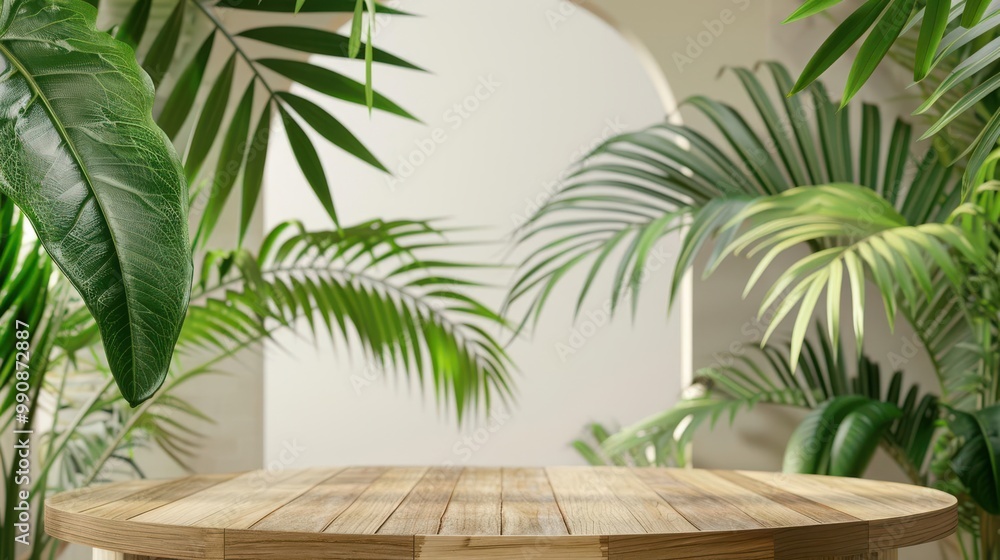 Fototapeta premium Tropical leaves framing a wooden podium, arch in background, serene atmosphere, natural lighting, minimalist nature design