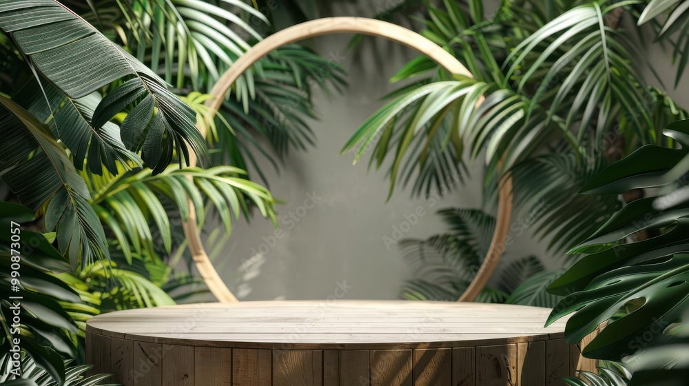 Fototapeta premium Tropical leaves framing a wooden podium, arch in background, serene atmosphere, natural lighting, minimalist nature design