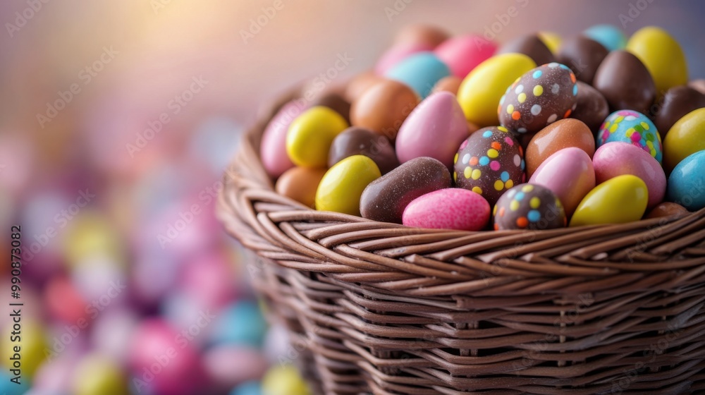 Colorful Easter candy eggs in a basket Colorful Easter candy eggs in a basket
