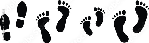 Set of human footprints icons. Family feet prints. Father mother and child steps. Man woman and baby walk symbol.