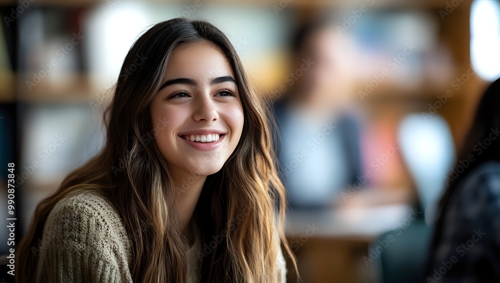 Close-up portrait of a smiling young woman with long brown hair. Close-up portrait of a smiling young woman with long brown hair.
