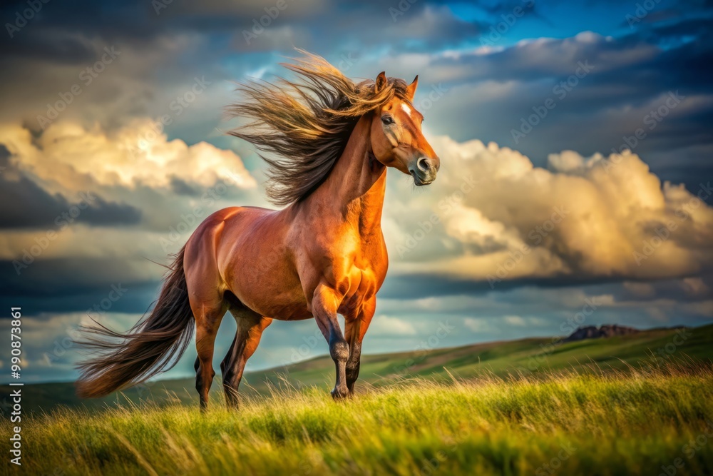 A solitary horse prances on a lush plain, its flowing mane and tail a symbol of unbridled freedom A solitary horse prances on a lush plain, its flowing mane and tail a symbol of unbridled freedom