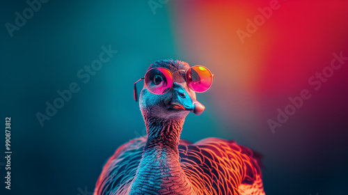 Funky goose with modern sunglasses in front of a neon background