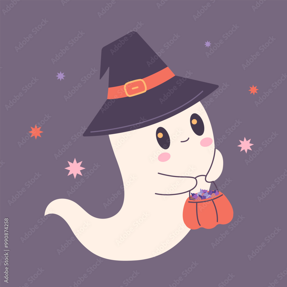 Cute ghost in witch hat. Ghost with pumpkin basket. Funny Halloween character. Cute ghost in witch hat. Ghost with pumpkin basket. Funny Halloween character.