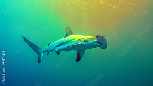 Wallpaper Mural A hammerhead shark underwater, neon background Torontodigital.ca