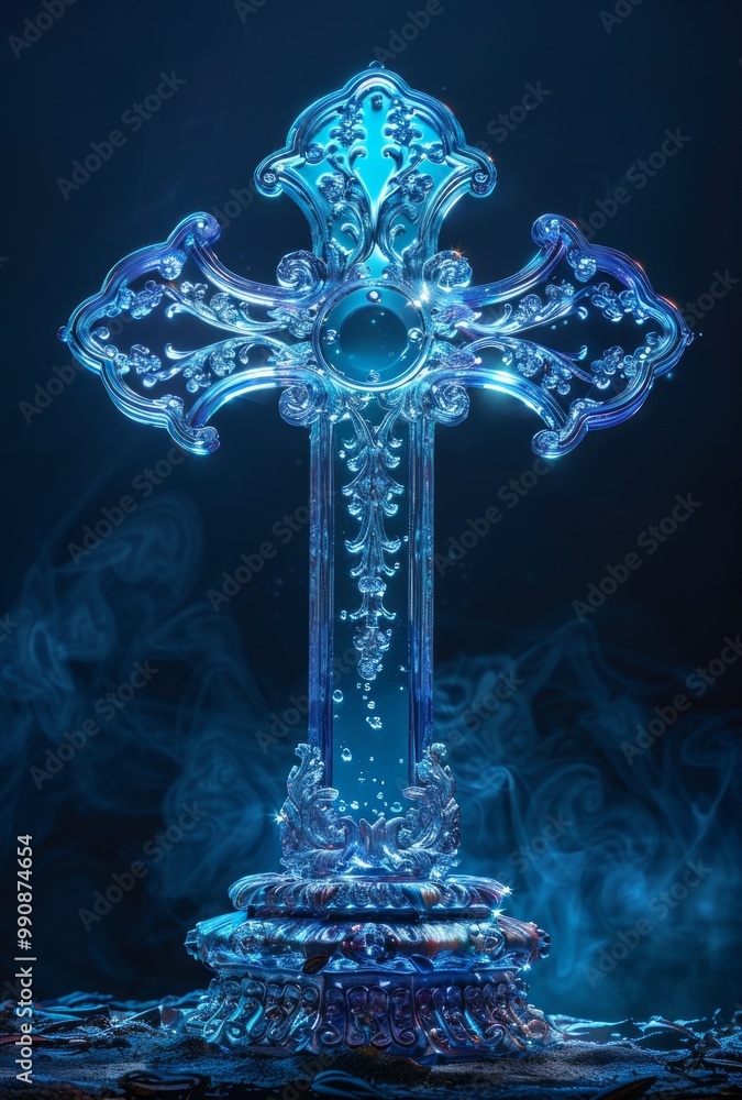 Beautifully crafted crystal cross with intricate design glowing in blue light against dark background