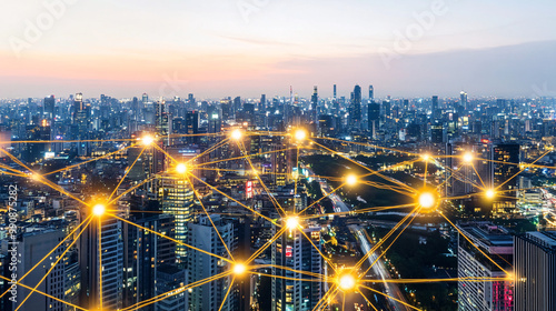 Wallpaper Mural Wide-angle aerial view of a city skyline at night, with glowing connections between buildings and streetlights forming intricate networks representing smart urban infrastructure, featuring digital gol Torontodigital.ca