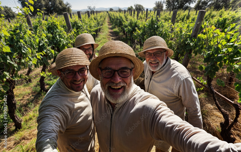 The image shows a group of men standing in a vineyard, taking a selfie. They are all wearing straw hats and are smiling. The image shows a group of men standing in a vineyard, taking a selfie. They are all wearing straw hats and are smiling.