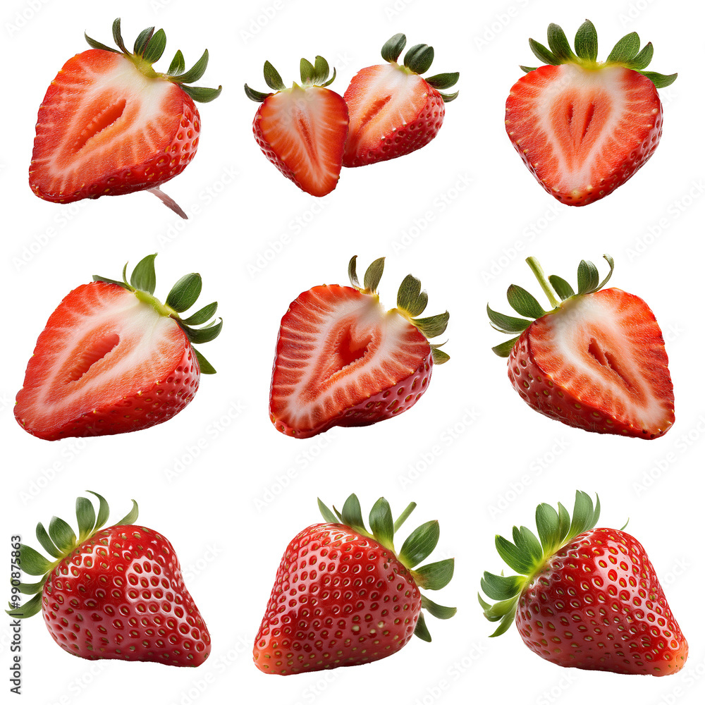 Nine strawberries, some whole and some halved, are arranged in a grid pattern. Nine strawberries, some whole and some halved, are arranged in a grid pattern.