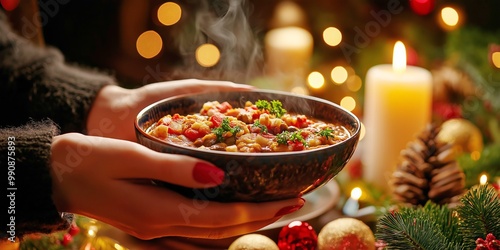 Close-up of hands holding a steaming vegan stew bowl with festive Christmas decorations, warm holiday atmosphere, candles, comforting plant-based meal, copy space, selective focus photo