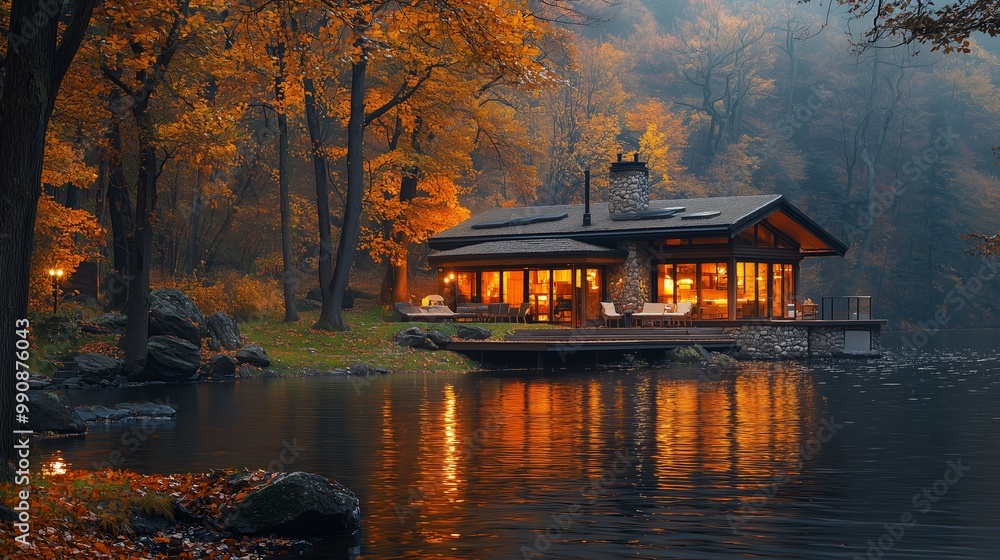 Fototapeta premium Rustic Lodge Exterior at Night with Warm Glowing Lights