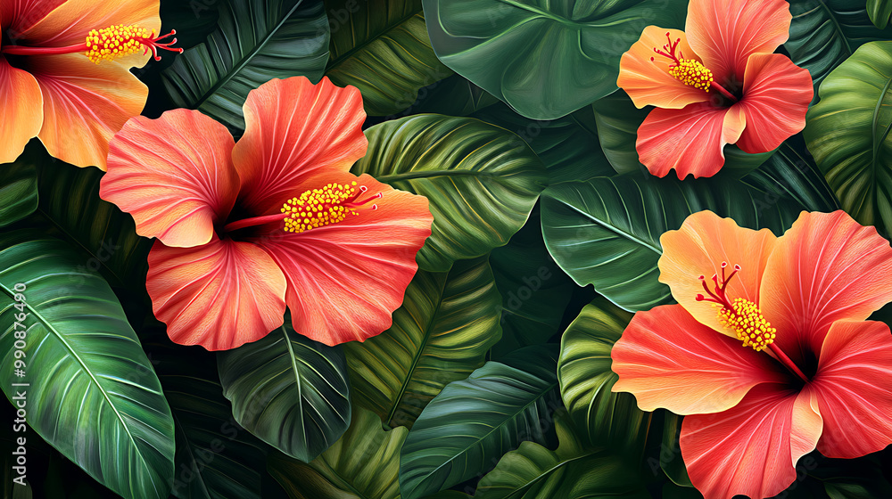 background with tropical hibiscus flowers and lush, green foliage background with tropical hibiscus flowers and lush, green foliage