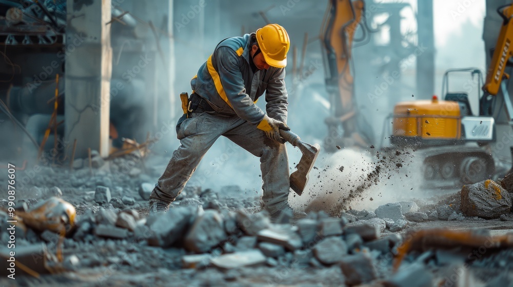 Construction worker actively demolishing structures at a construction site during daylight hours with heavy machinery in the background Construction worker actively demolishing structures at a construction site during daylight hours with heavy machinery in the background