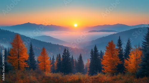 Autumn Sunrise Over Misty Mountain Range