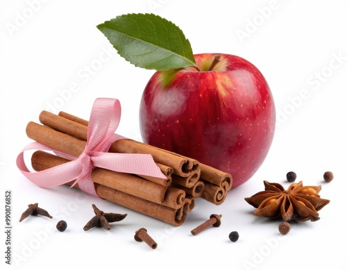 Fresh Red Apple with Cinnamon Sticks and Star Anise on White Background