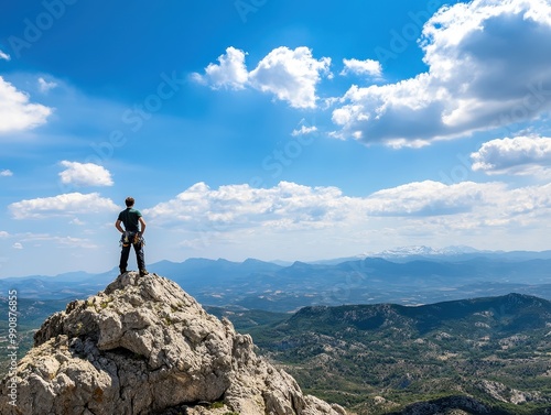 A person stands atop a rocky peak, overlooking a vast landscape under a blue sky filled with clouds, embodying adventure and freedom.