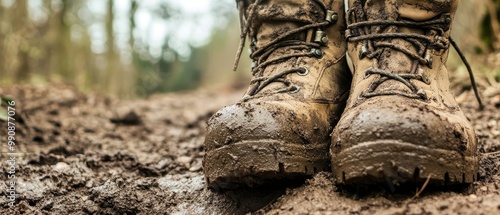 A close-up of muddy hiking boots standing on a rugged, dirt path in a natural setting, showcasing outdoor adventure and exploration. photo