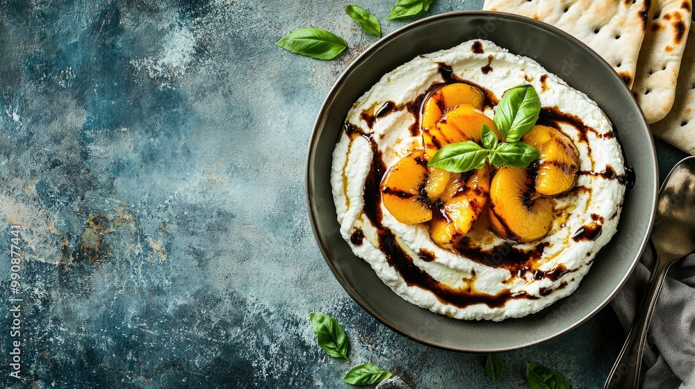 Fresh whipped ricotta with roasted peaches, balsamic glaze, and pita slices on a neutral background with space for text. Fresh whipped ricotta with roasted peaches, balsamic glaze, and pita slices on a neutral background with space for text.