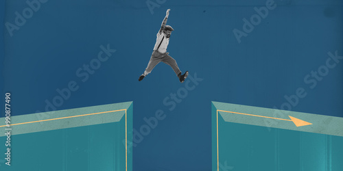 Valokuva Man leaping across large gap between two platforms, representing risk-taking or bridging challenges in business and technology