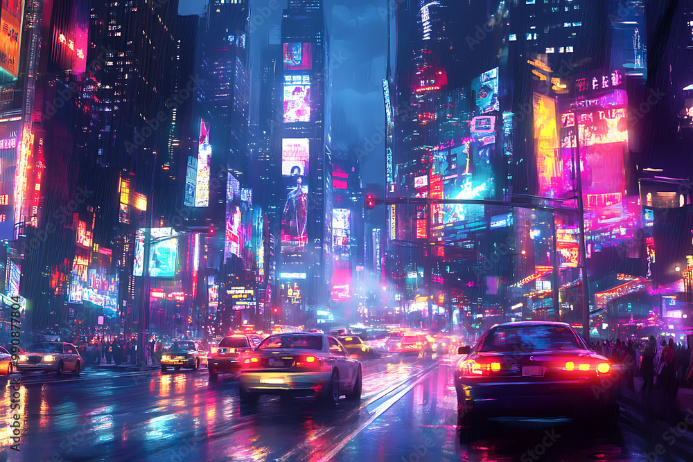 background with a bustling city road, featuring neon signs, busy traffic, and towering skyscrapers background with a bustling city road, featuring neon signs, busy traffic, and towering skyscrapers