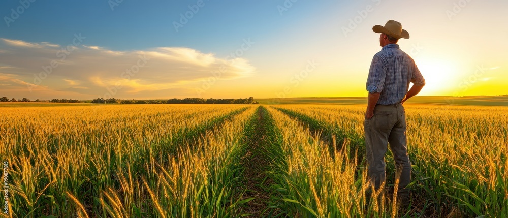 Fototapeta premium A farmer stands in a golden wheat field at sunset, reflecting on a productive day, with rows of crops stretching into the horizon.
