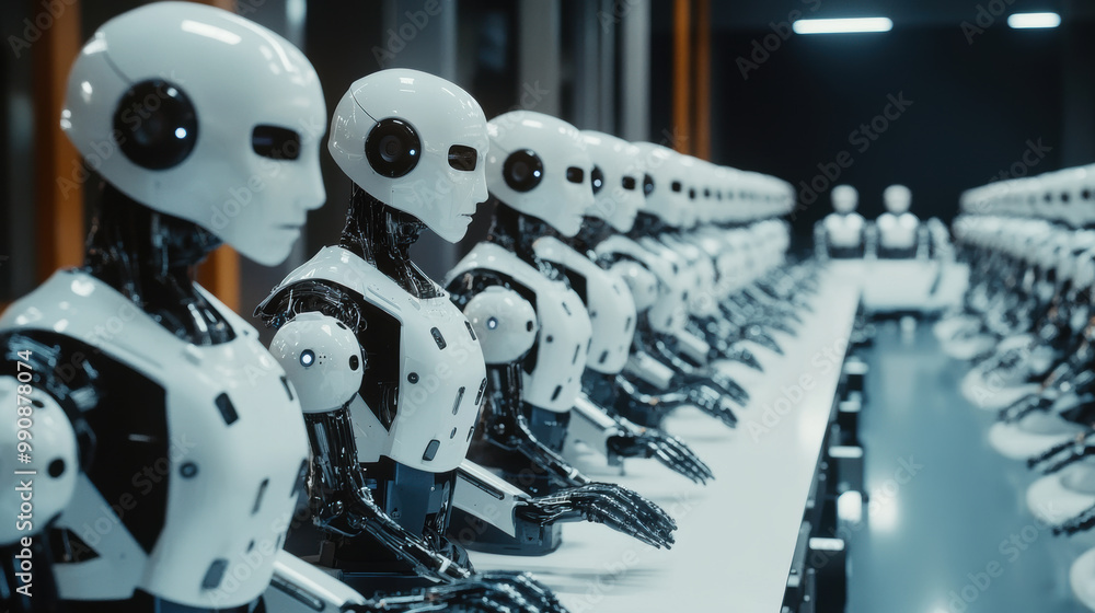 Fototapeta premium Robots lined up in futuristic workspace, showcasing advanced technology and collaboration. Their sleek design and precision highlight integration of robotics in modern environments