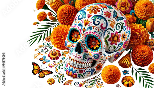 A vibrant sugar skull adorned with colorful floral patterns, representing the spirit of Día de los Muertos, celebrating life, death, and Mexican tradition. transperant background, generative ai