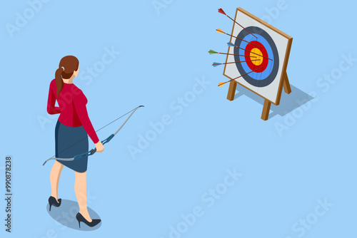 Isometric Businesswoman holding arrow and walking towards target. Concept of teamwork,analytics, business, career development, promotion