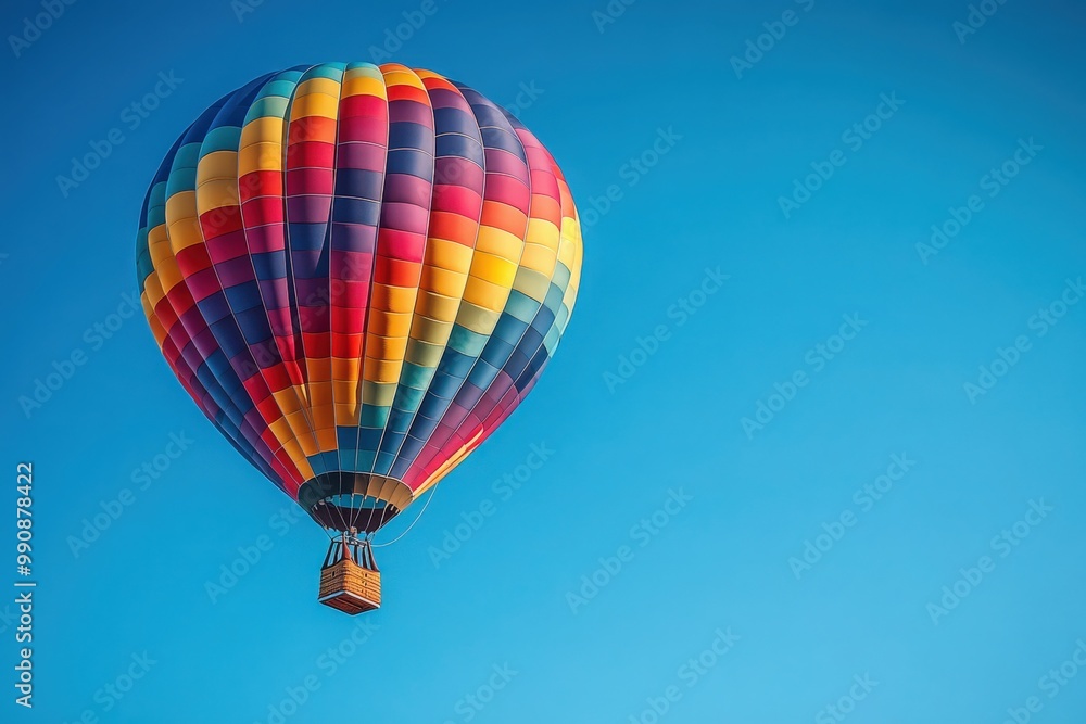 Colorful hot air balloon floating in the clear blue sky during a sunny day Colorful hot air balloon floating in the clear blue sky during a sunny day