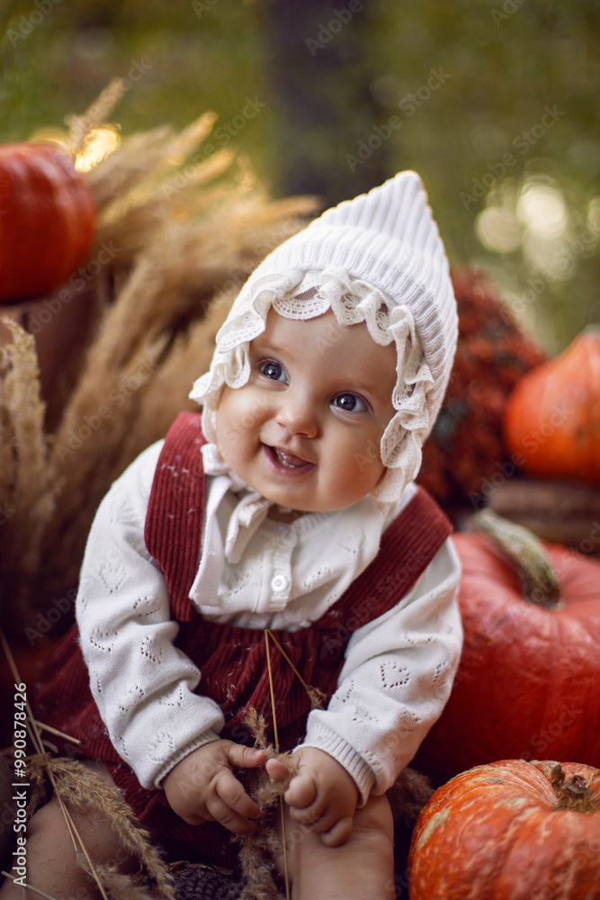 A beautiful baby girl of 8 months in a hat and a suit sits in nature at sunset in the evening with pumpkins around on Halloween