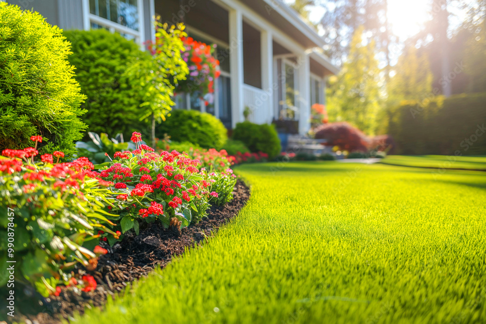 Obraz premium Beautiful manicured lawn and flowerbed with shrubs in sunshine residential house backyard background.
