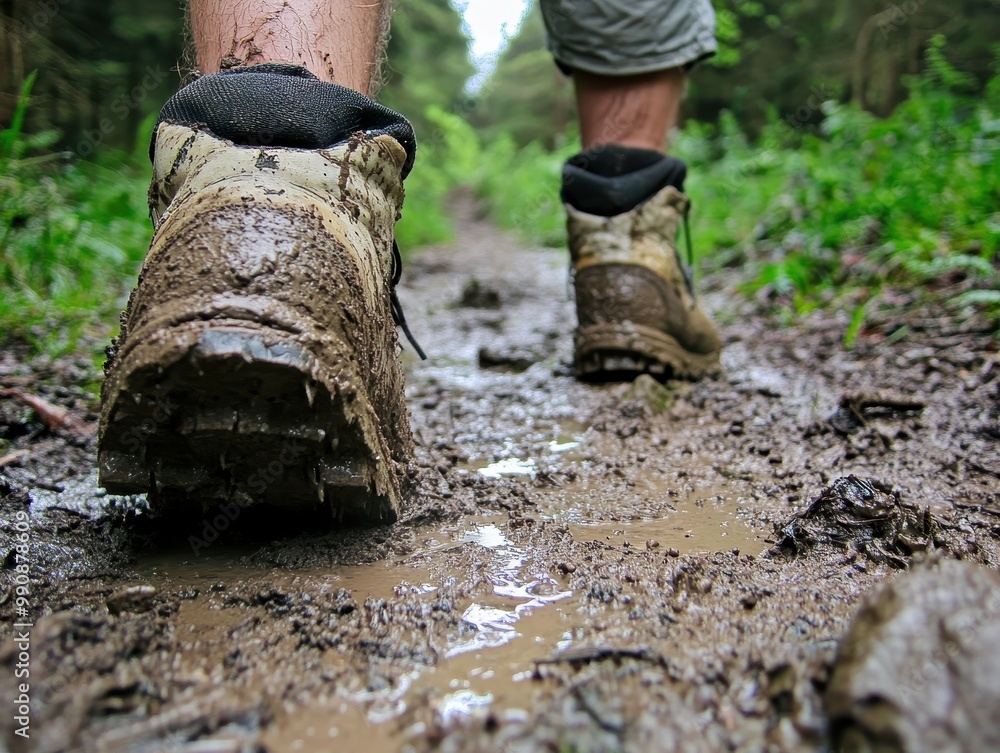 A person trudges through muddy terrain, showcasing rugged hiking boots surrounded by lush greenery and wet ground. A person trudges through muddy terrain, showcasing rugged hiking boots surrounded by lush greenery and wet ground.