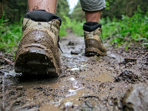 A person trudges through muddy terrain, showcasing rugged hiking boots surrounded by lush greenery and wet ground.