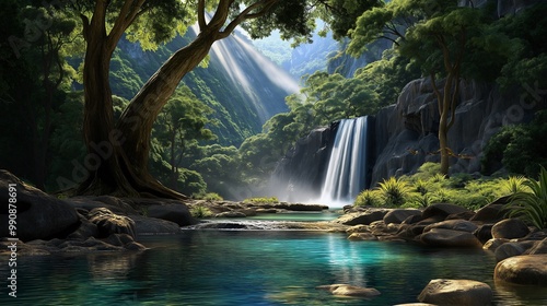 A majestic waterfall cascading into a crystal-clear river photo