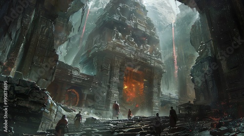 A fantasy scene of a crumbling temple with figures standing before an entrance with an orange glow.