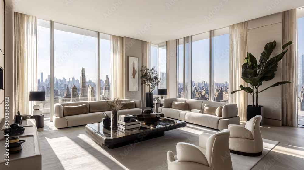 Fototapeta premium Elegant penthouse living room with plush seating, designer coffee table, and large windows flooding the space with natural light and city views