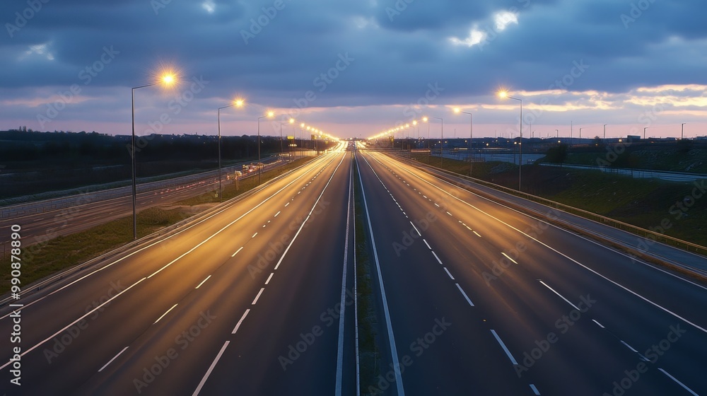 A quiet highway at dusk, illuminated by streetlights, with a soft glow on the asphalt A quiet highway at dusk, illuminated by streetlights, with a soft glow on the asphalt