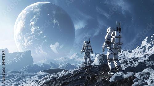 Two astronauts in spacesuits walk on an alien planet looking at a large planet in the distance.