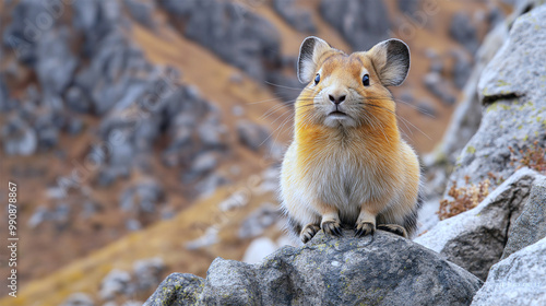 Chinese pika perched on rock, adorable small mammal in natural mountain habitat 